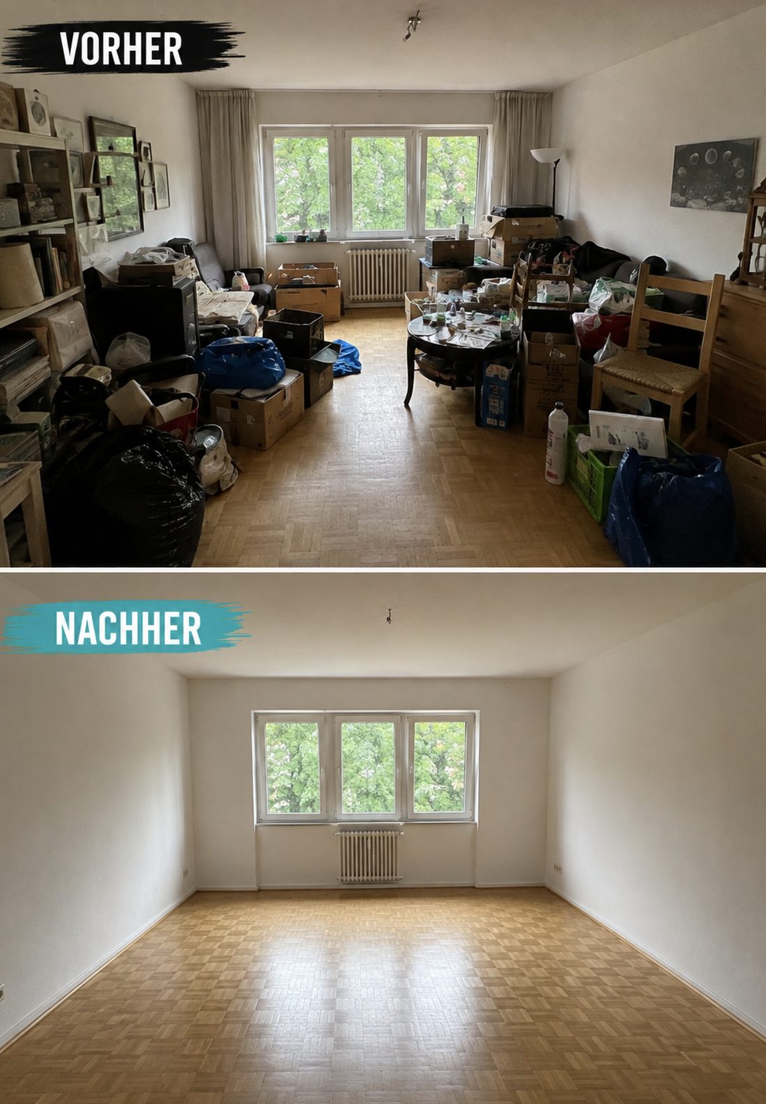 Vorher-Nachher: geräumter und besenrein übergebener Raum
